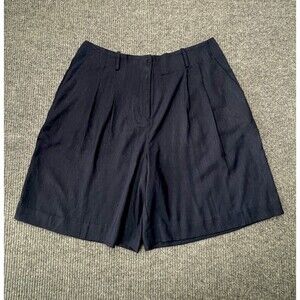 Worthington Women's Size 12 Pleated High-Rise Bermuda Shorts Navy Blue Linen NEW